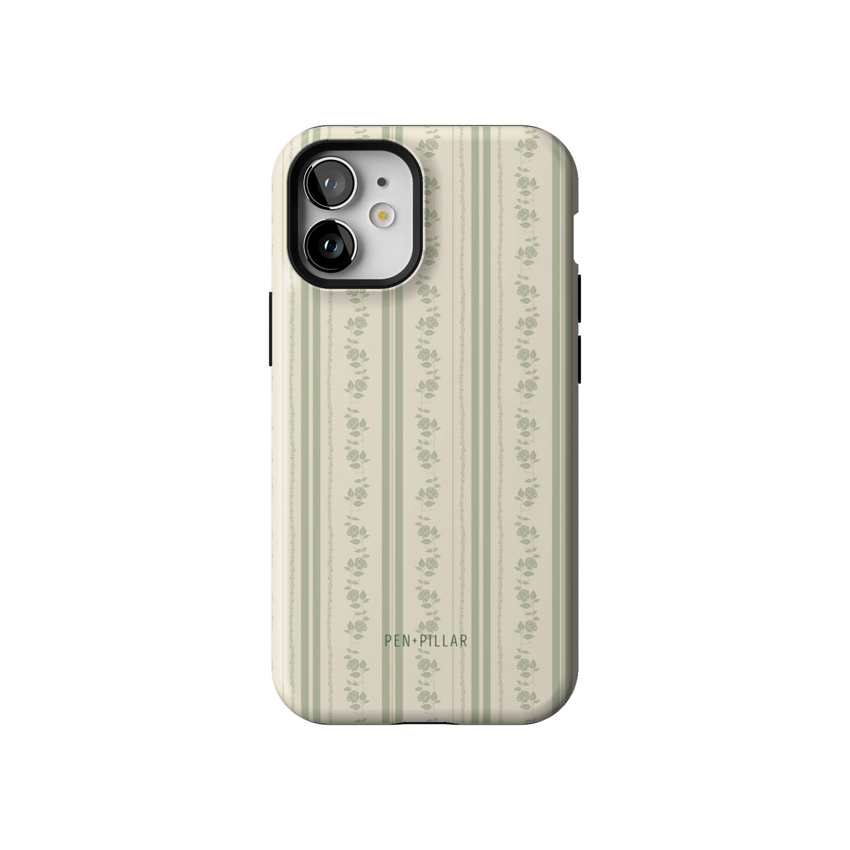 Roselle case on iPhone 12 mini, back view: white floral vines on sage green stripes