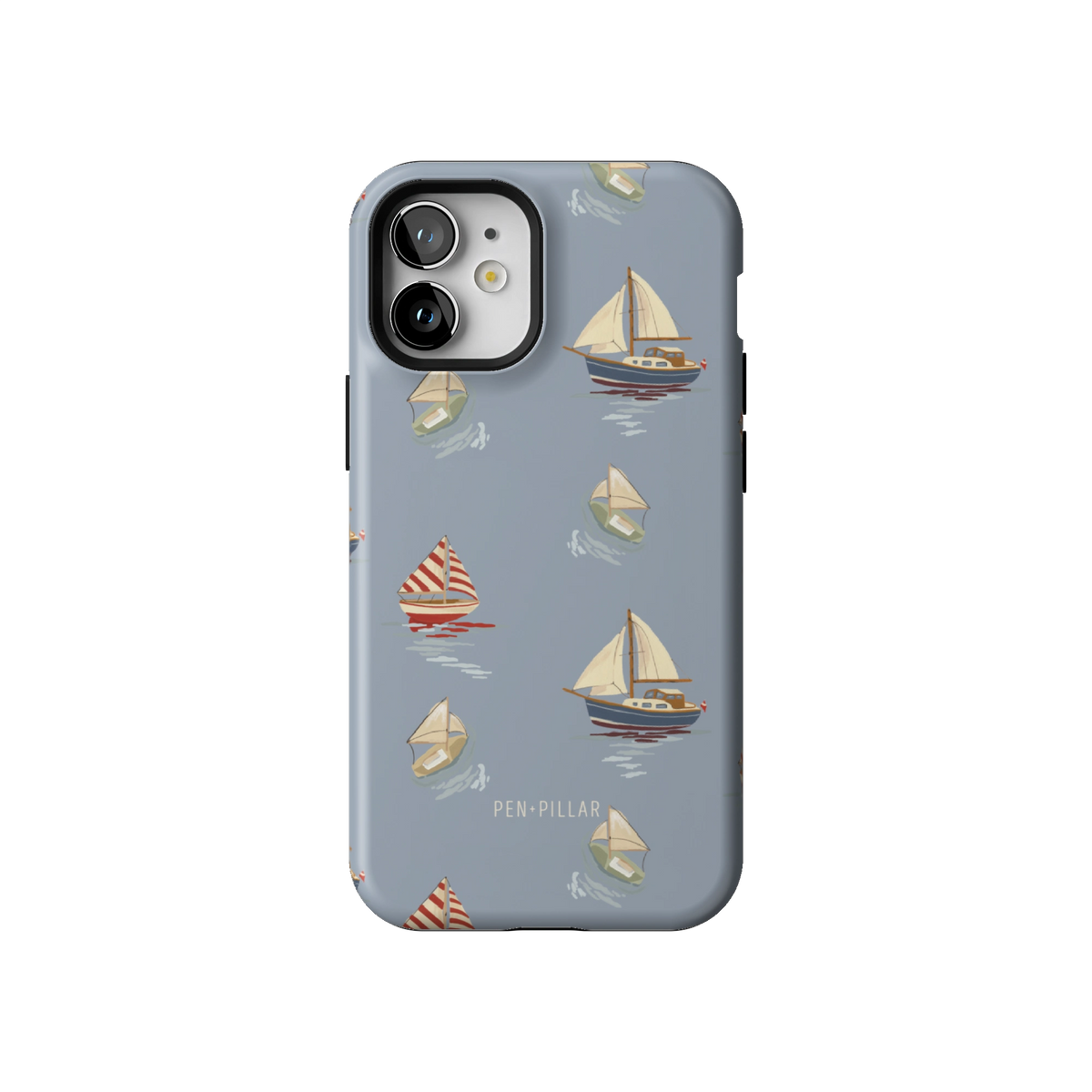 Harbor case on iPhone 12 mini, back view: sailboats and paper boats on dusty blue
