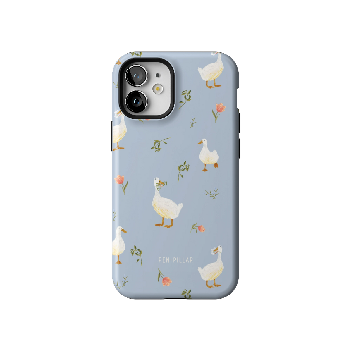 Ducks case on iPhone 12 mini, back view: white ducks and small flower sprigs on soft blue