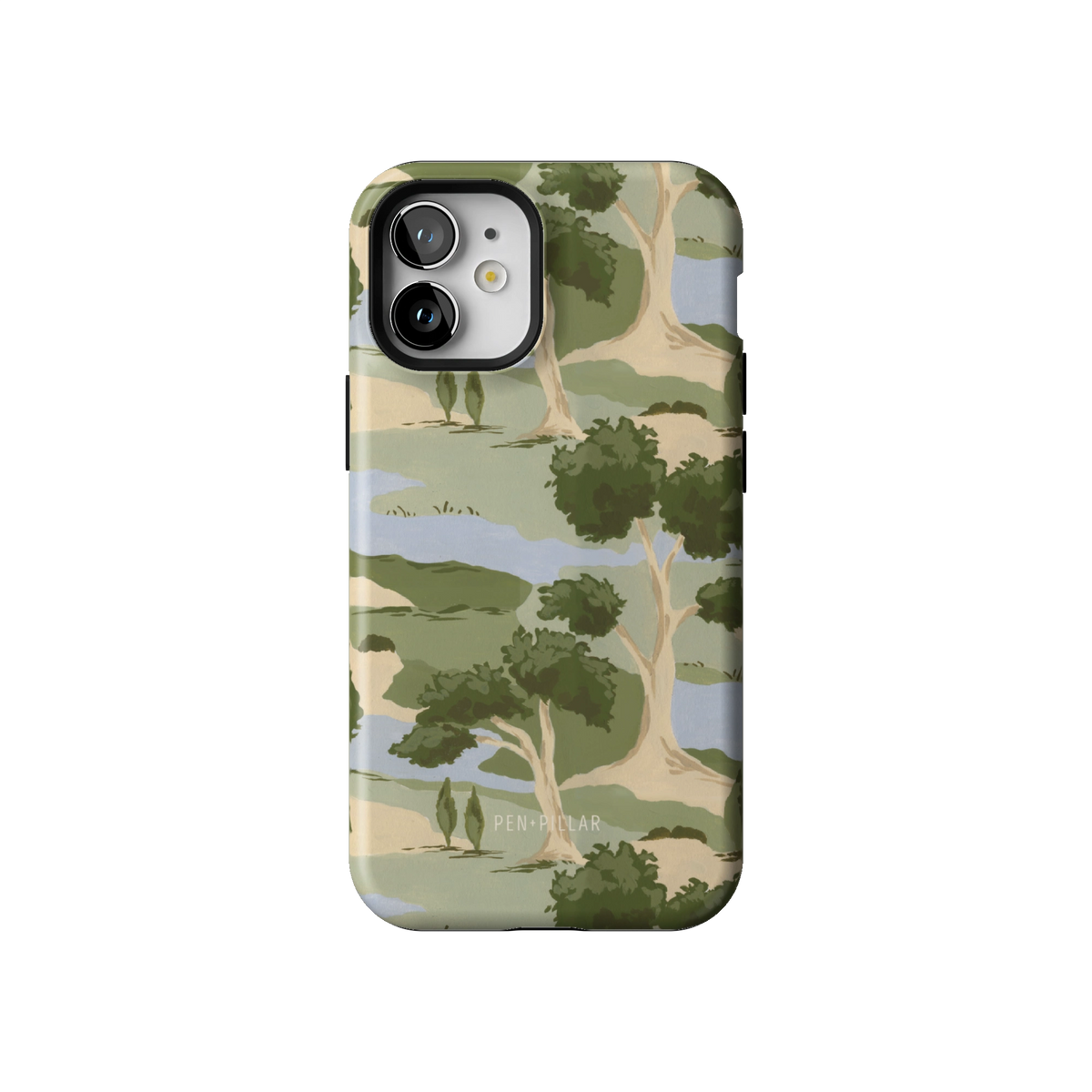 Orchard case on iPhone 12 mini, back view: rolling green trees and winding blue streams on cream