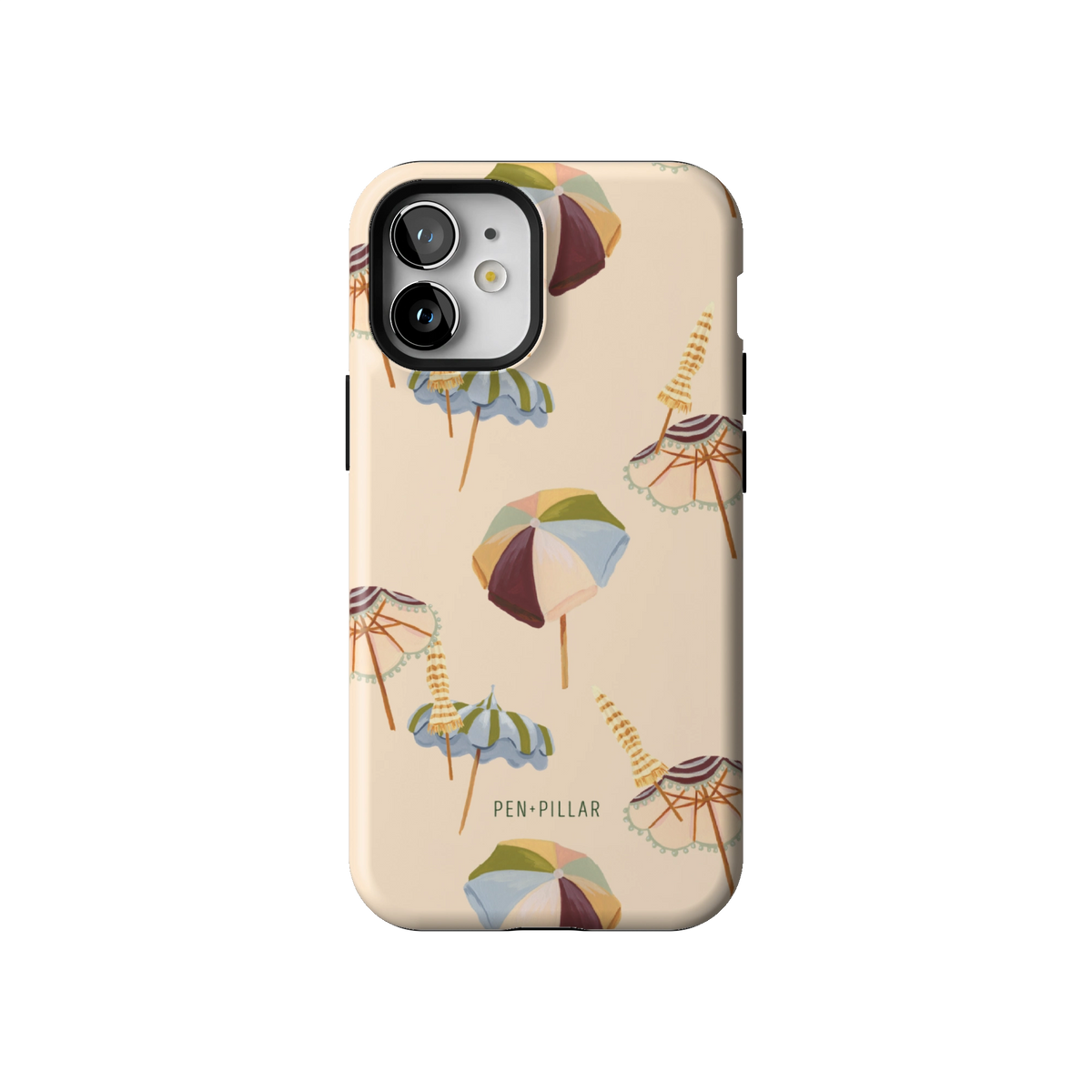 Umbrellas case on iPhone 12 mini, back view: striped beach umbrellas and loungers on warm sand