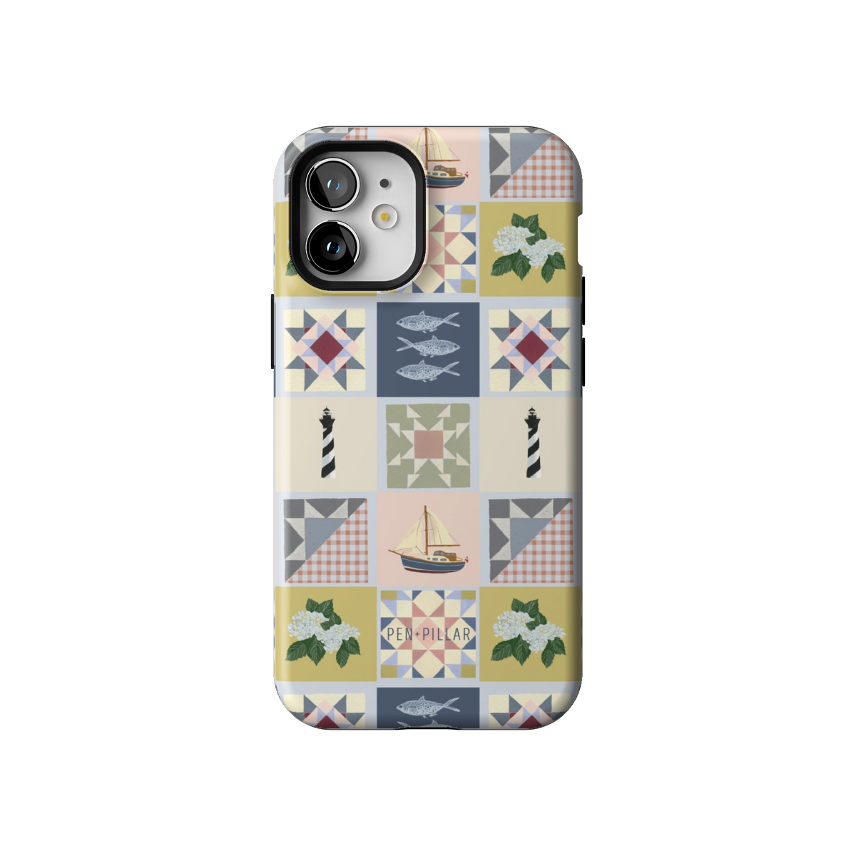 Coastal Quilt case on iPhone 12 mini, back view: quilt blocks with sailboats, fish, a lighthouse and hydrangeas in navy, sage and blush