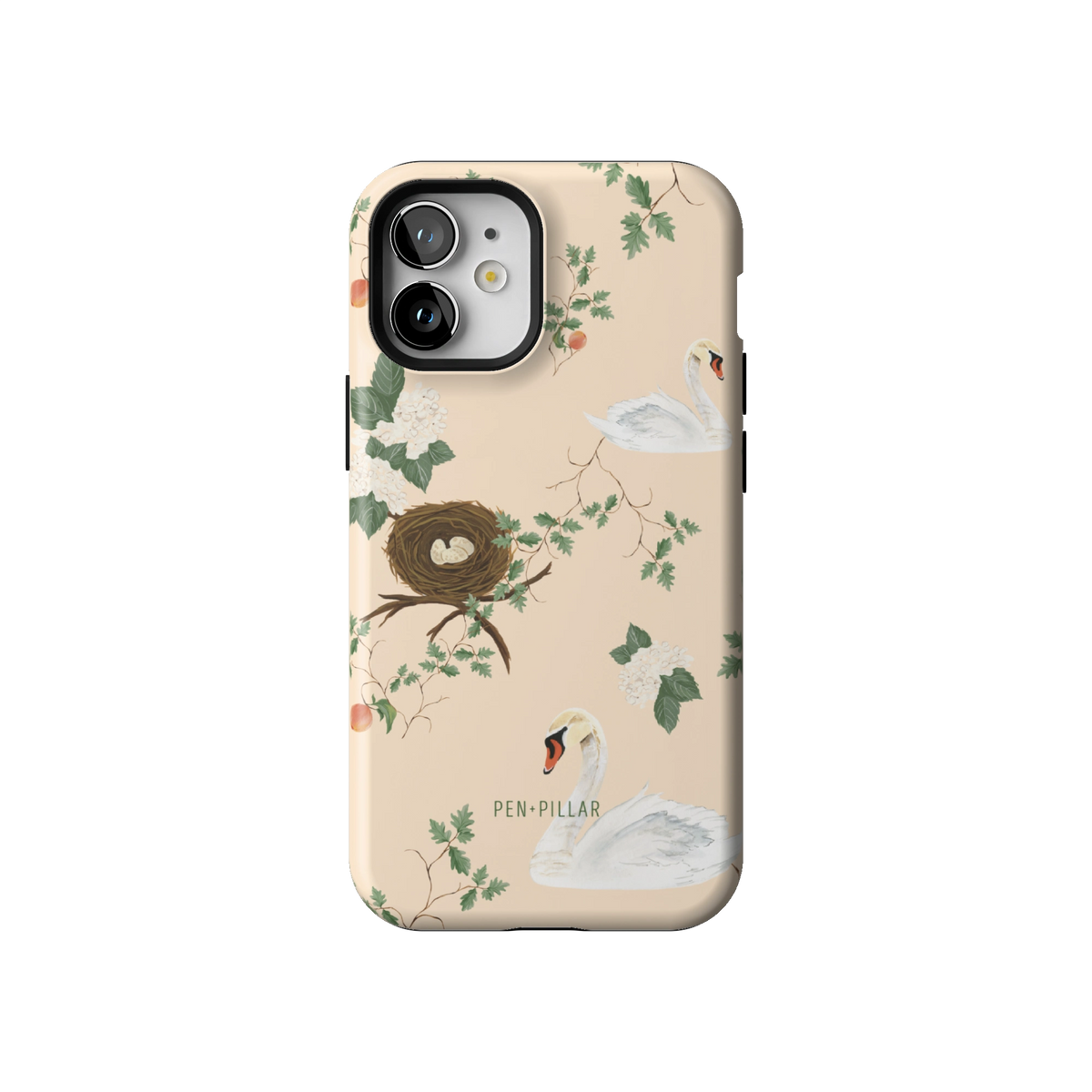 Swan Hollow case on iPhone 12 mini, back view: swans, a bird's nest and trailing greenery on cream