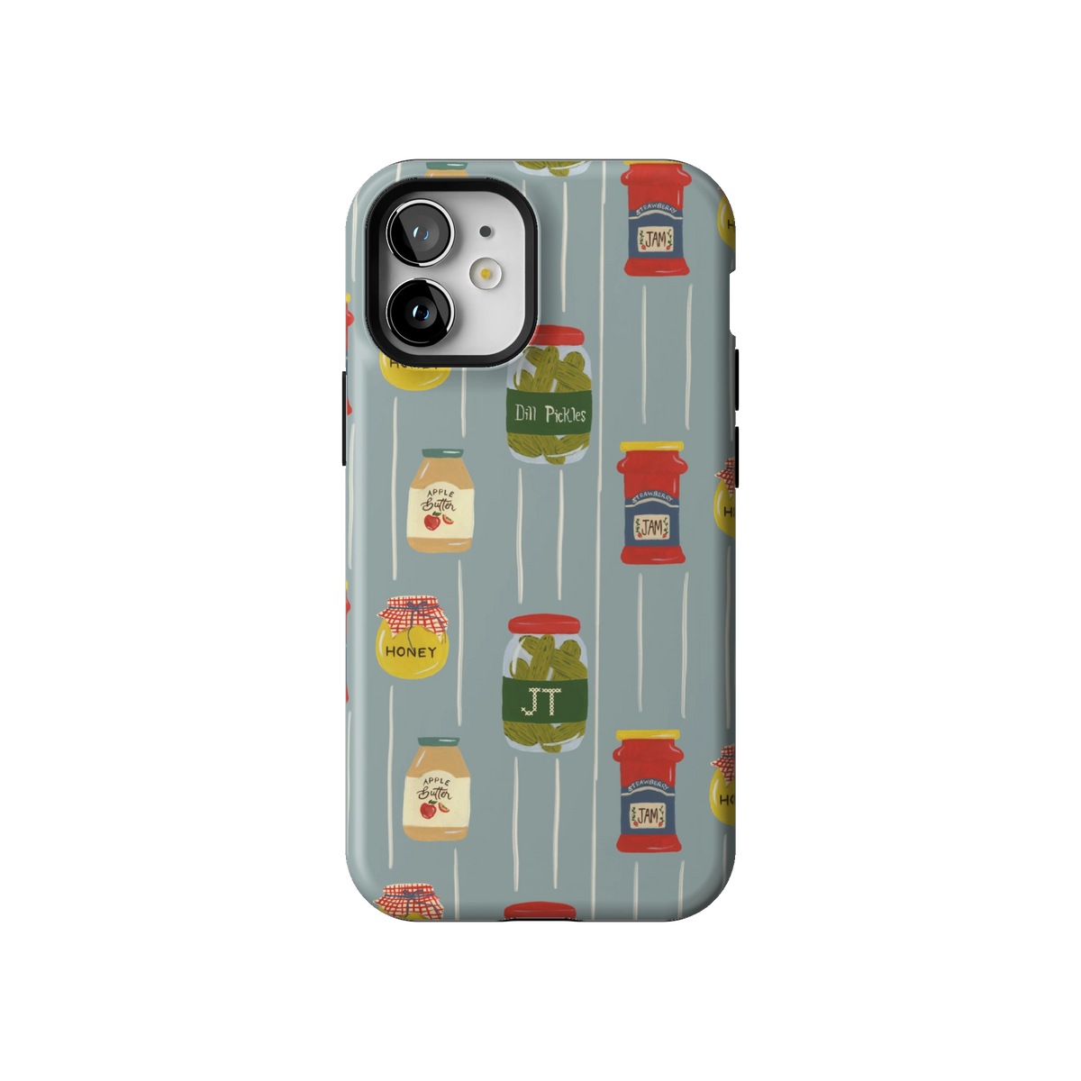 Preserves Personalized case on iPhone 12 mini, back view: jars of honey, pickles and jam on slate blue stripes with the initials JT