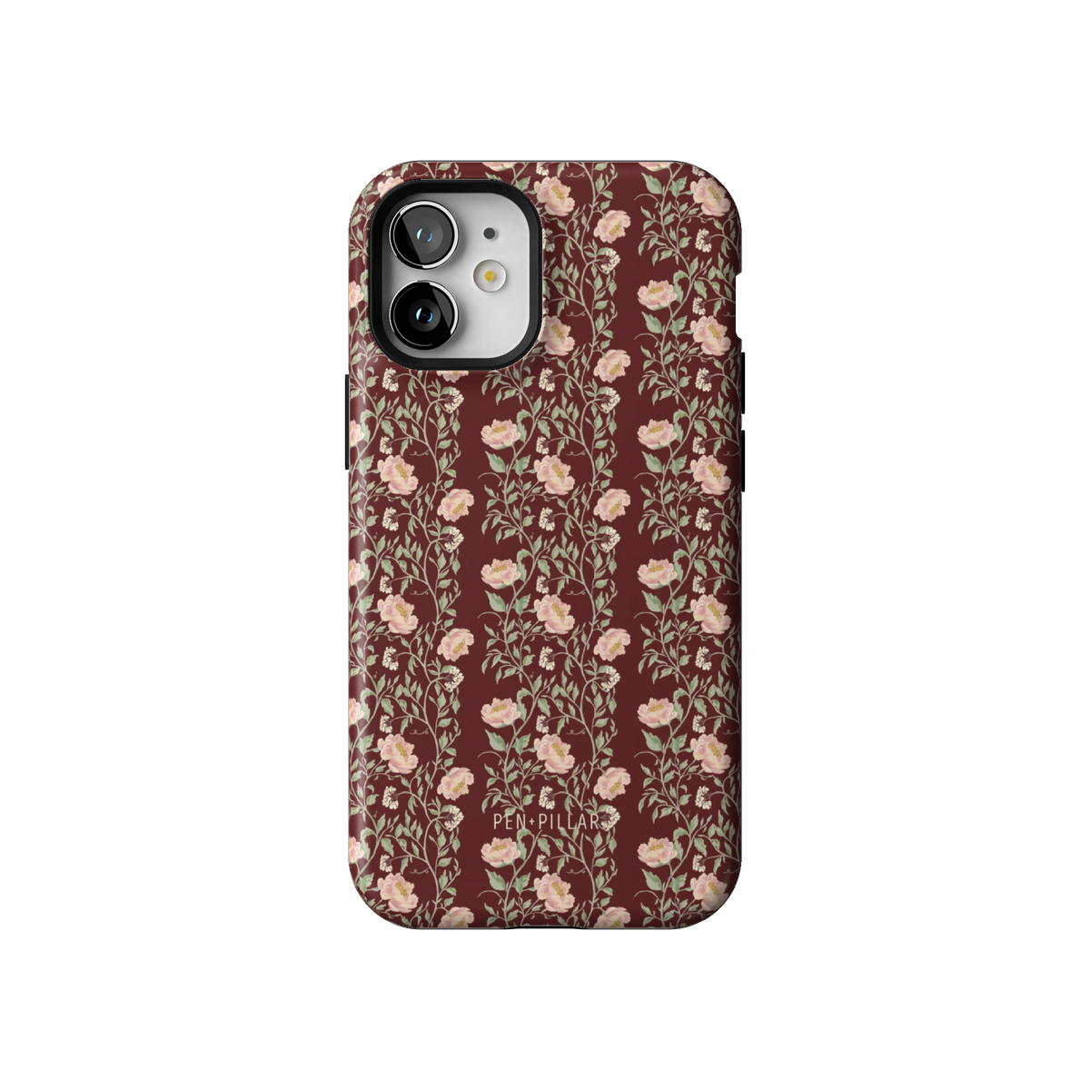 Thicket case on iPhone 12 mini, back view: dense blush and cream florals on deep burgundy