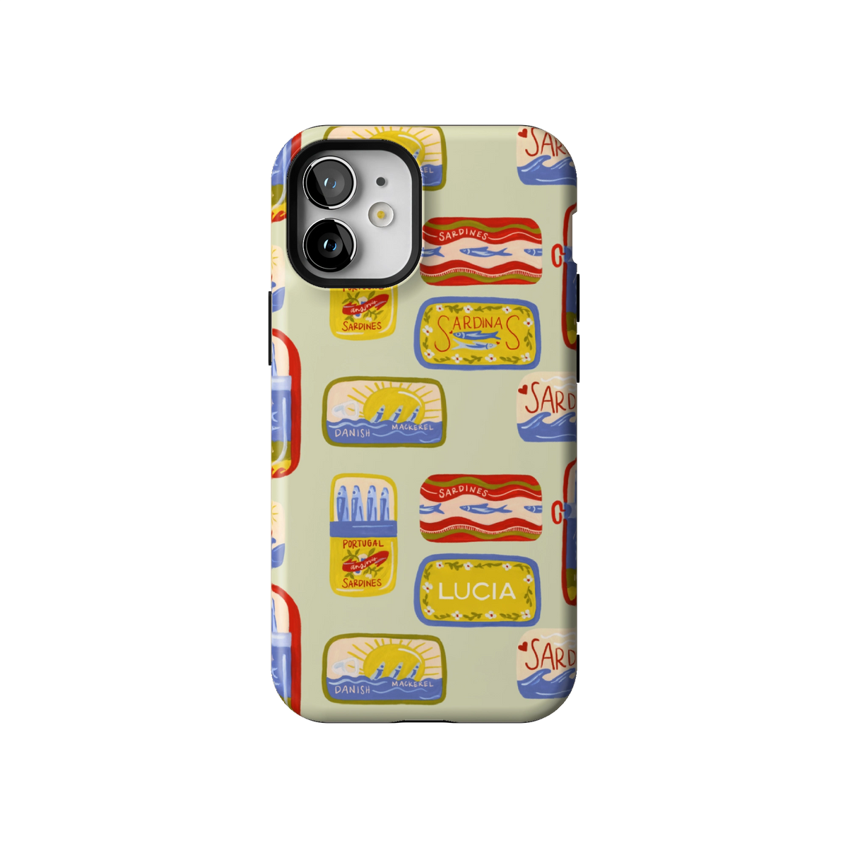 Sardines Personalized case on iPhone 12 mini, back view: vintage sardine tins on pale sage with the name Lucia