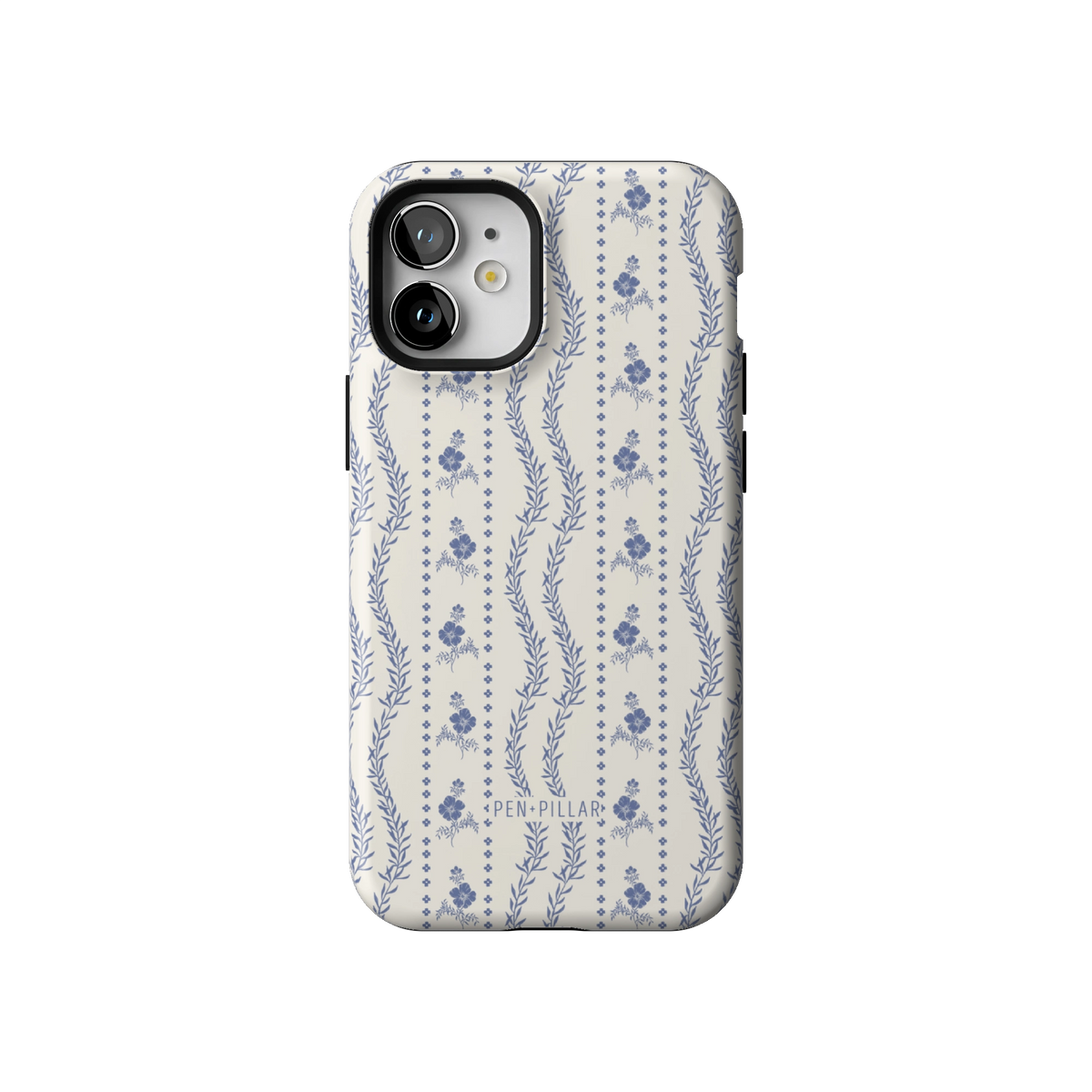 Riviera case on iPhone 12 mini, back view: blue florals and vines in stripes on white