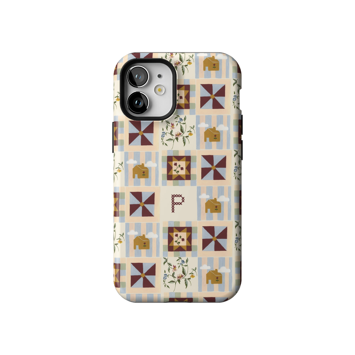 Pinwheel Personalized case on iPhone 12 mini, back view: burgundy pinwheel quilt blocks on blue stripes with the initial P