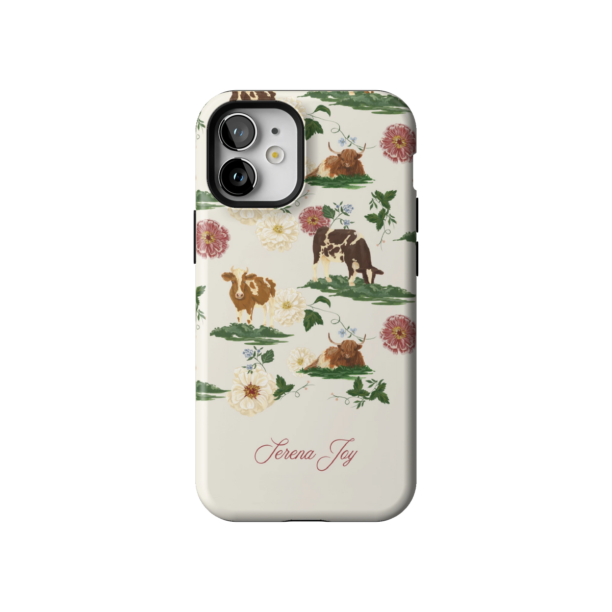 Pasture Personalized case on iPhone 12 mini, back view: cows and dahlias in a countryside scene on cream with a name in script