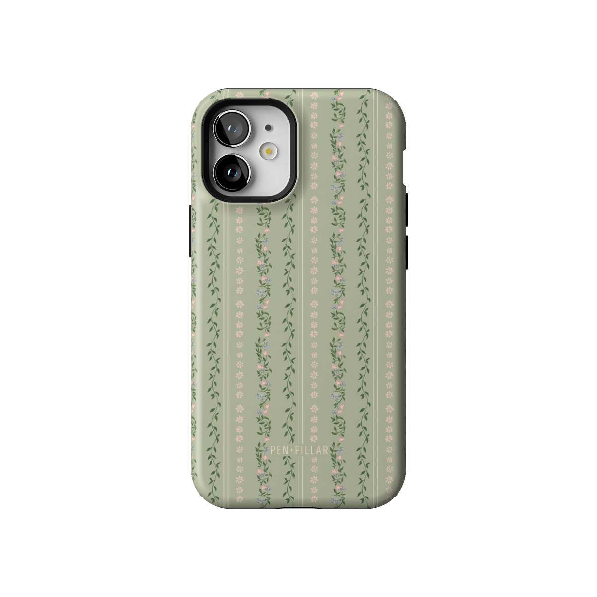 Camellia case on iPhone 12 mini, back view: sage green with soft floral stripes