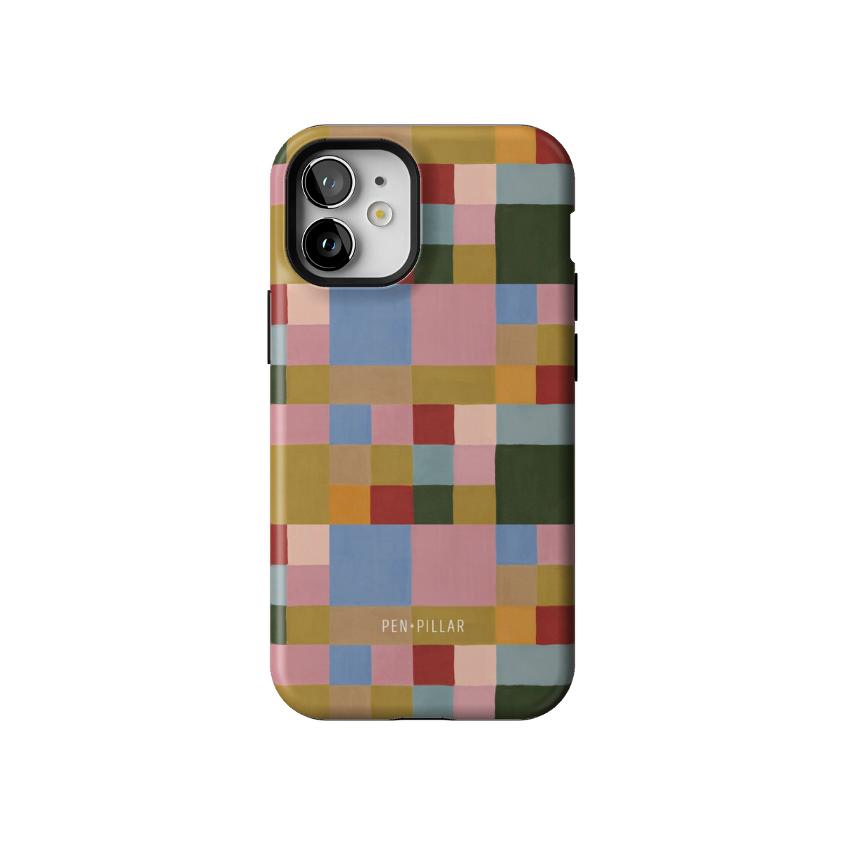 Colorblock case on iPhone 12 mini, back view: painterly squares in blush, sky blue, mustard, rust and forest green