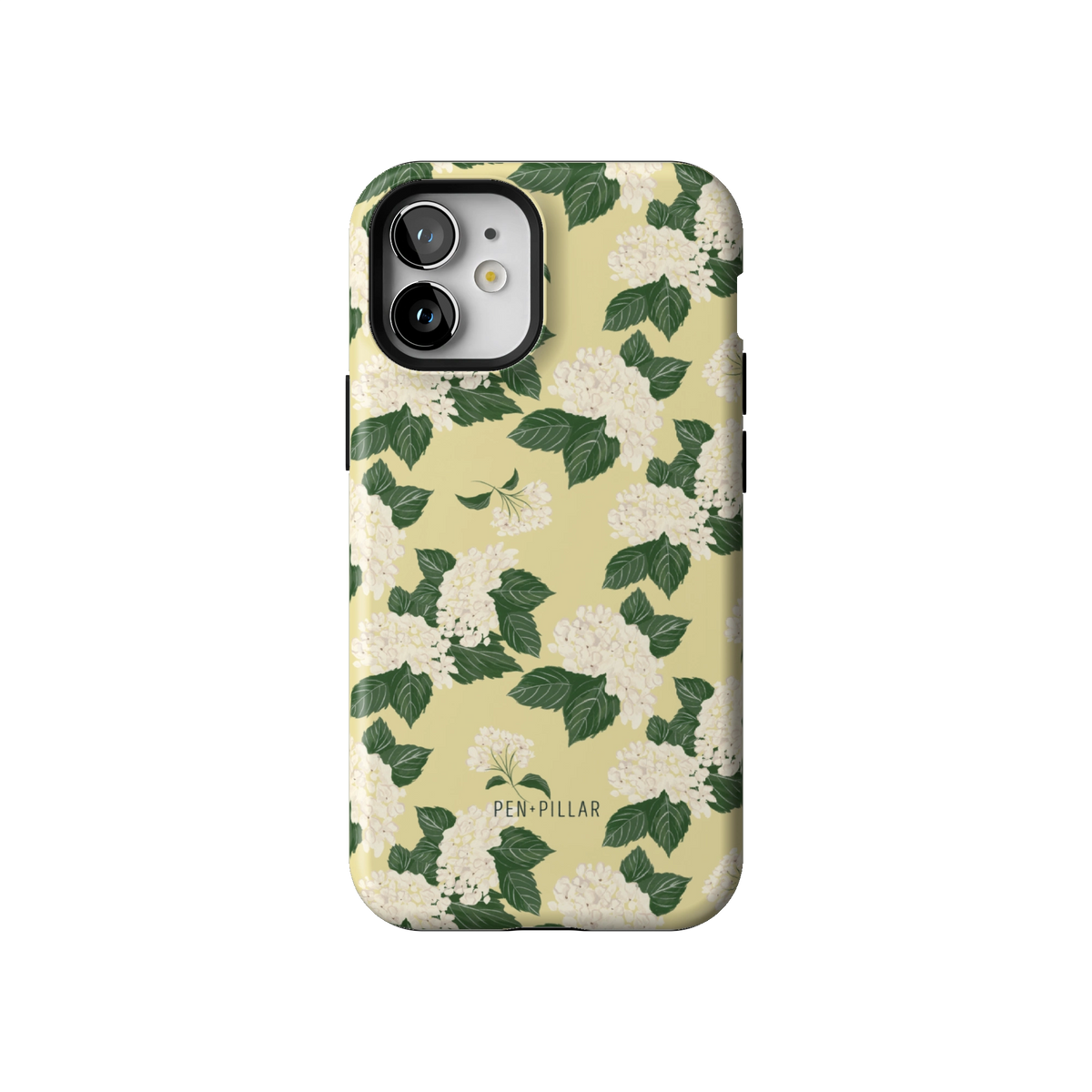 Hydrangea case on iPhone 12 mini, back view: white hydrangeas and green leaves on buttery yellow
