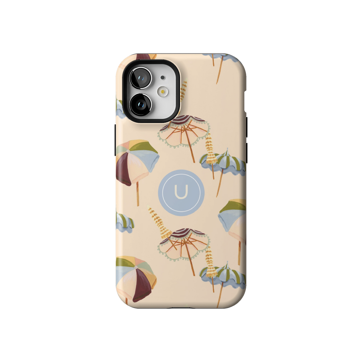 Umbrellas Personalized case on iPhone 12 mini, back view: striped beach umbrellas and loungers on warm sand with the initial U