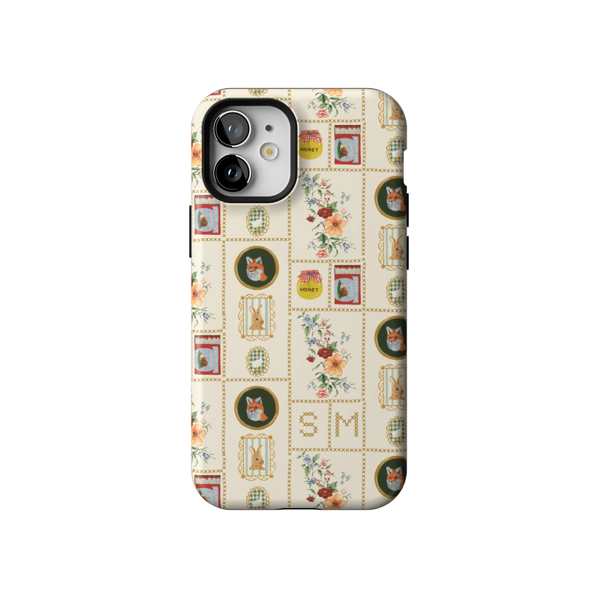 Sampler Personalized case on iPhone 12 mini, back view: cross-stitch style squares of jars, animals and florals on cream with the initials SM
