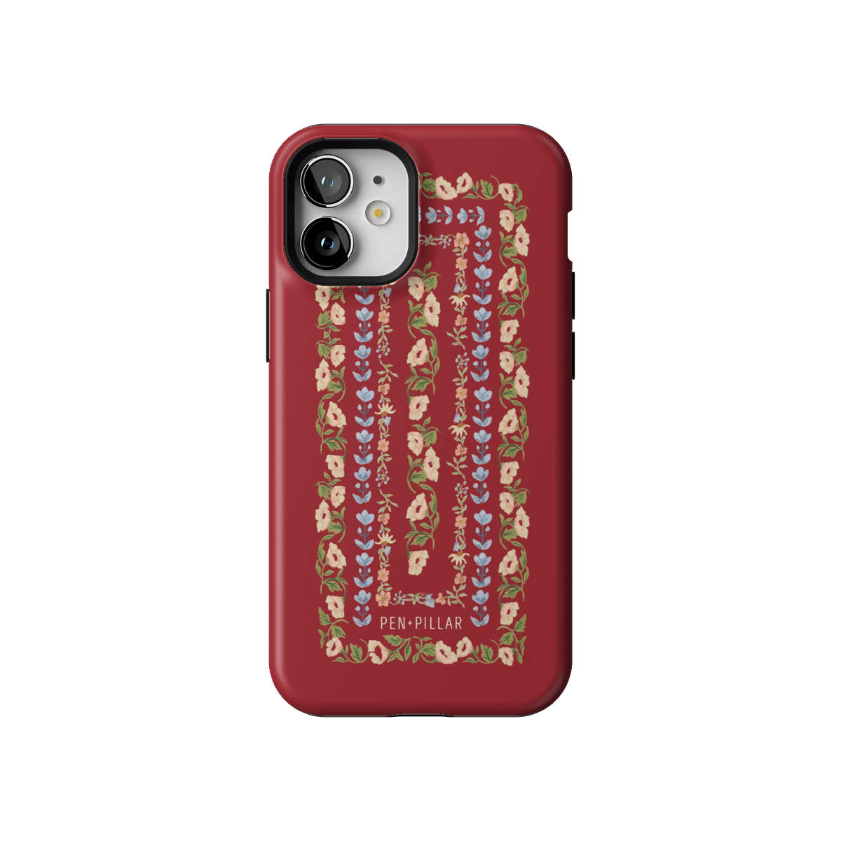 Fiona case on iPhone 12 mini, back view: ornate floral stripes in cream, blush and blue on rich red