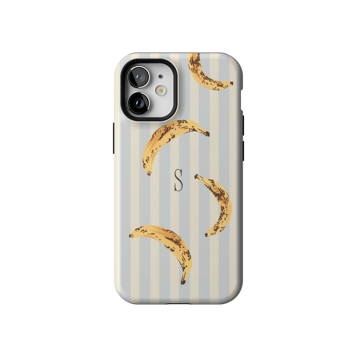 Striped Bananas Personalized case on iPhone 12 mini, back view: ripe bananas on pale blue and cream stripes with the initial S