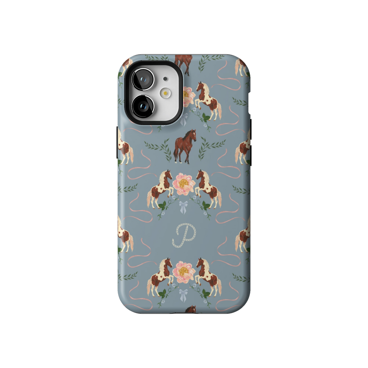 Prairie Personalized case on iPhone 12 mini, back view: horses and blush florals on dusty blue with the initial P
