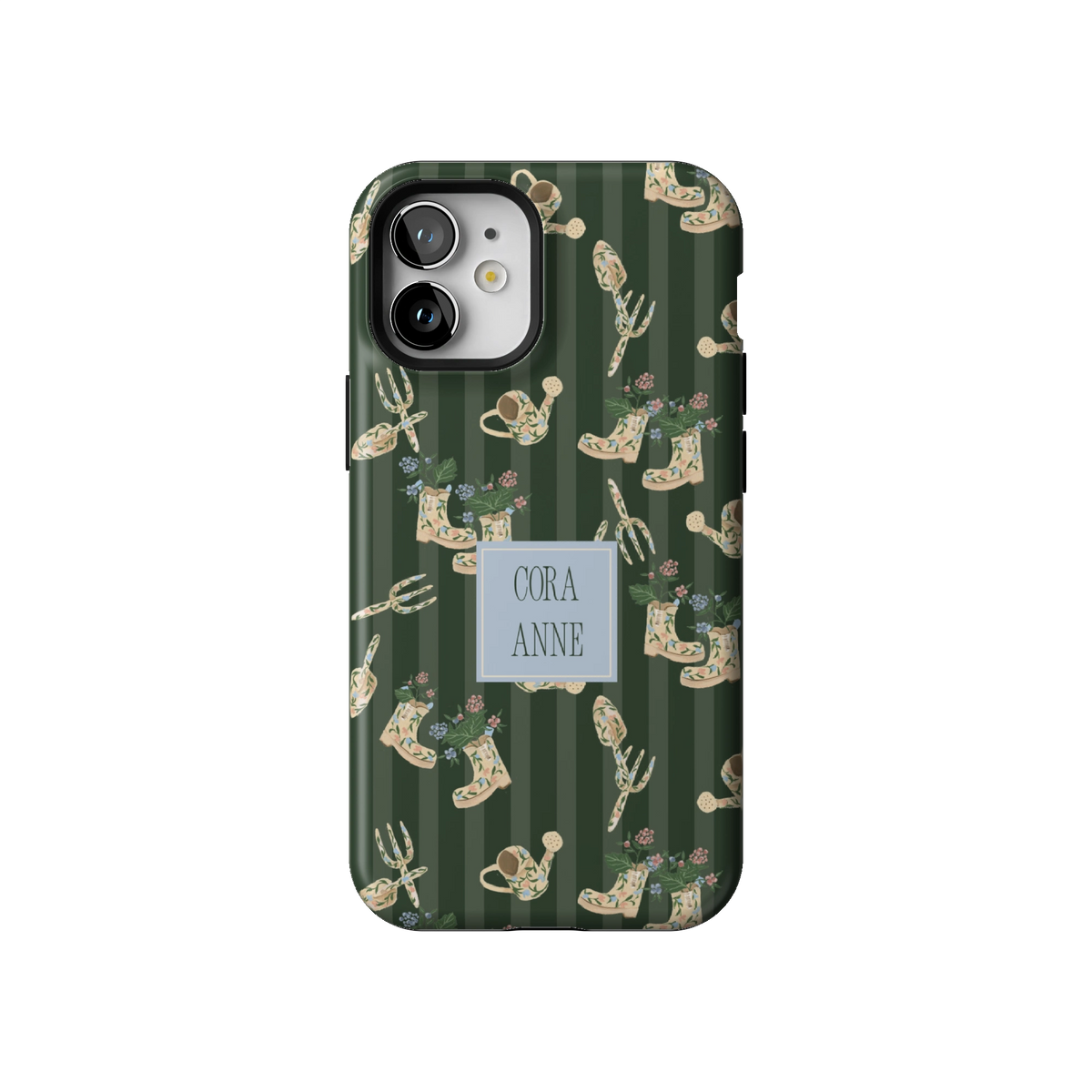 In the Garden Personalized case on iPhone 12 mini, back view: garden boots, tools and florals on forest green stripes with the name Cora Anne