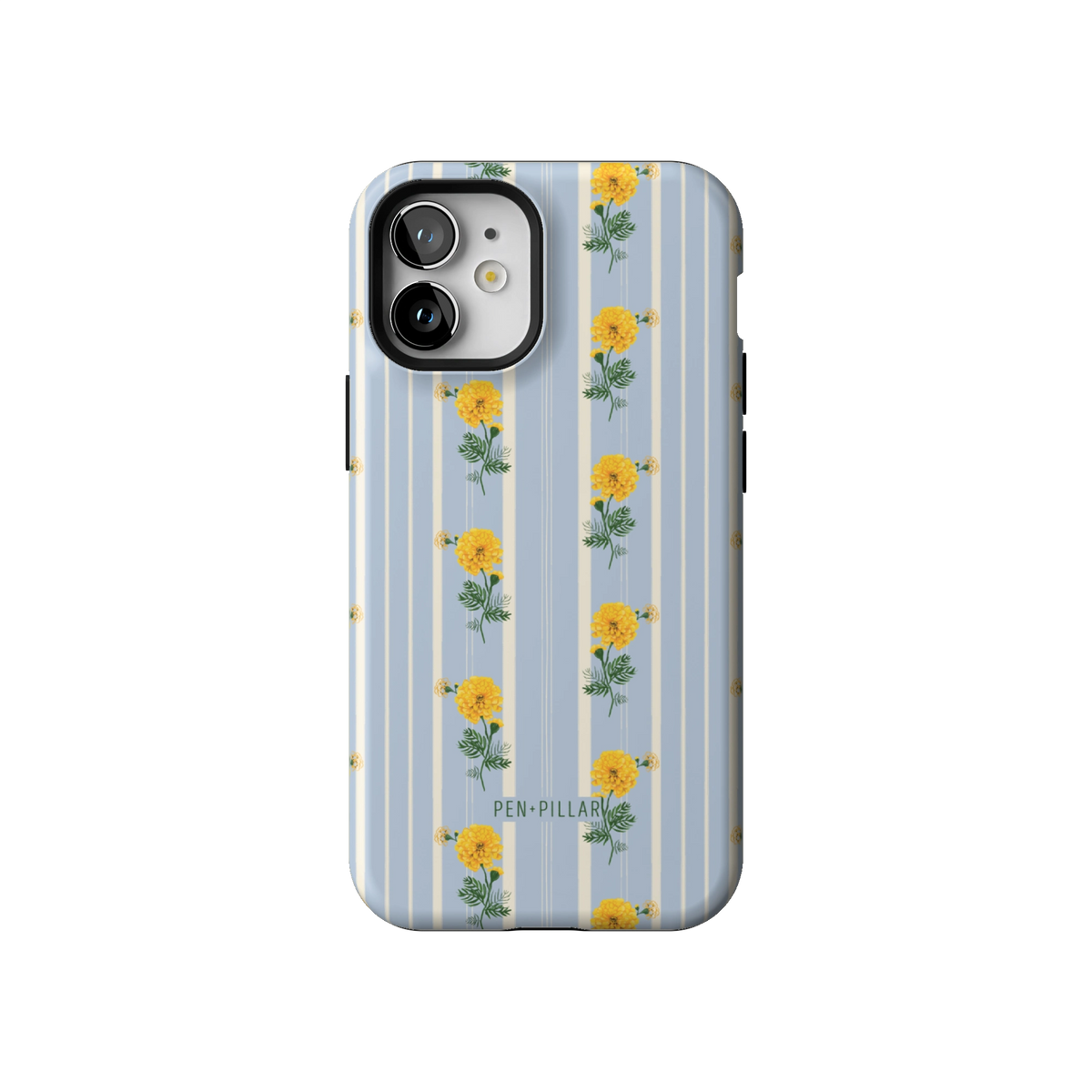 October Birth Month case on iPhone 12 mini, back view: yellow marigolds on blue and cream stripes