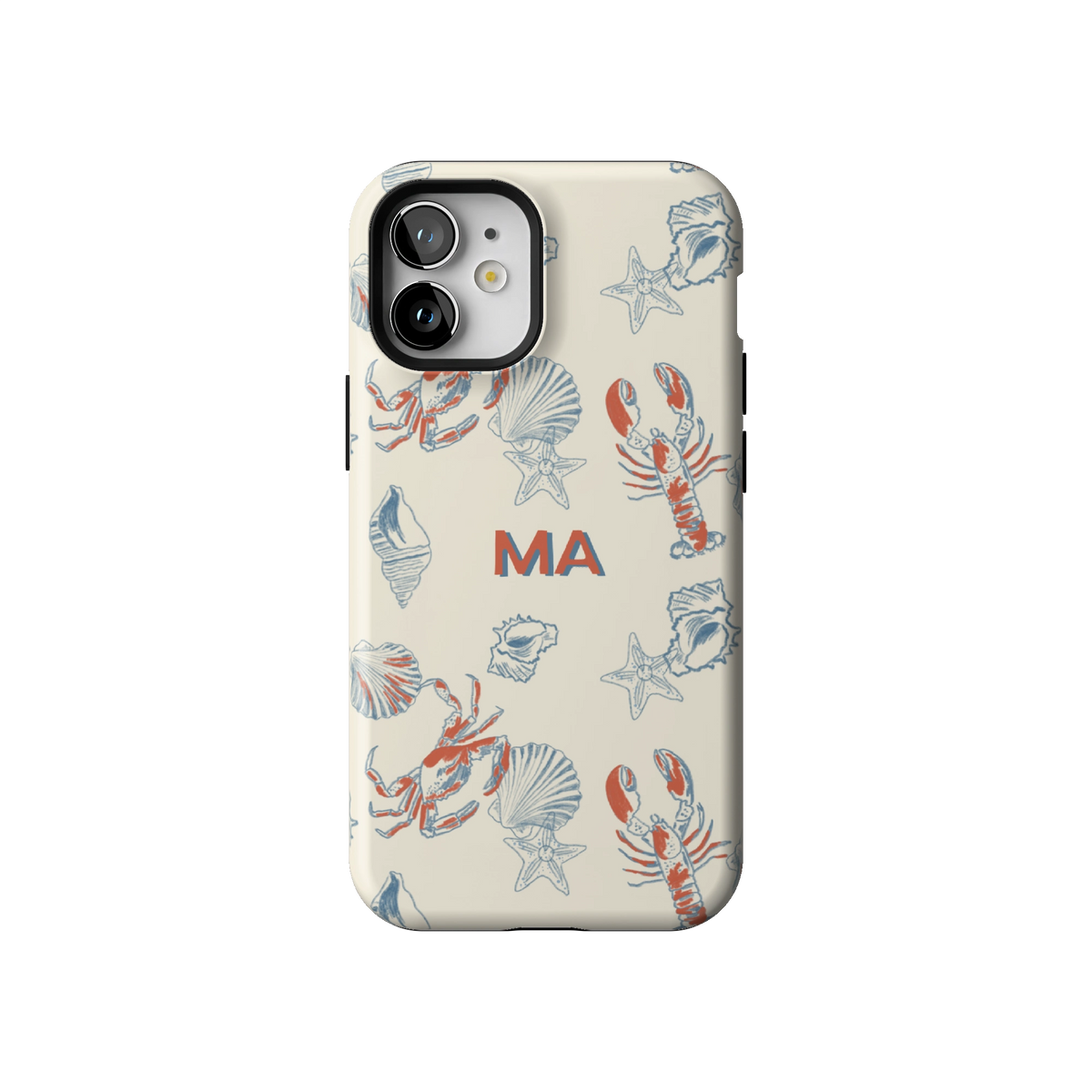 Mariner Personalized case on iPhone 12 mini, back view: red lobsters, blue crabs and seashells on cream with the initials MA