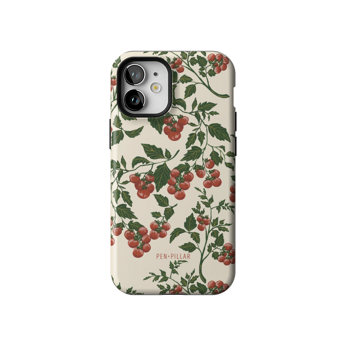 Tomato Vines case on iPhone 12 mini, back view: red tomatoes on leafy green vines over cream