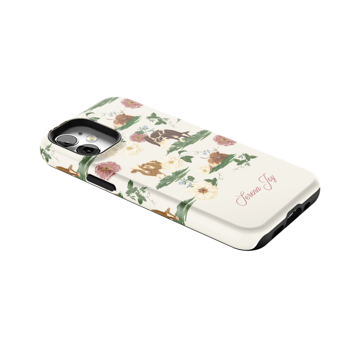 Pasture Personalized iPhone 12 mini case lying at an angle, showing the side buttons and print wrapping the edges
