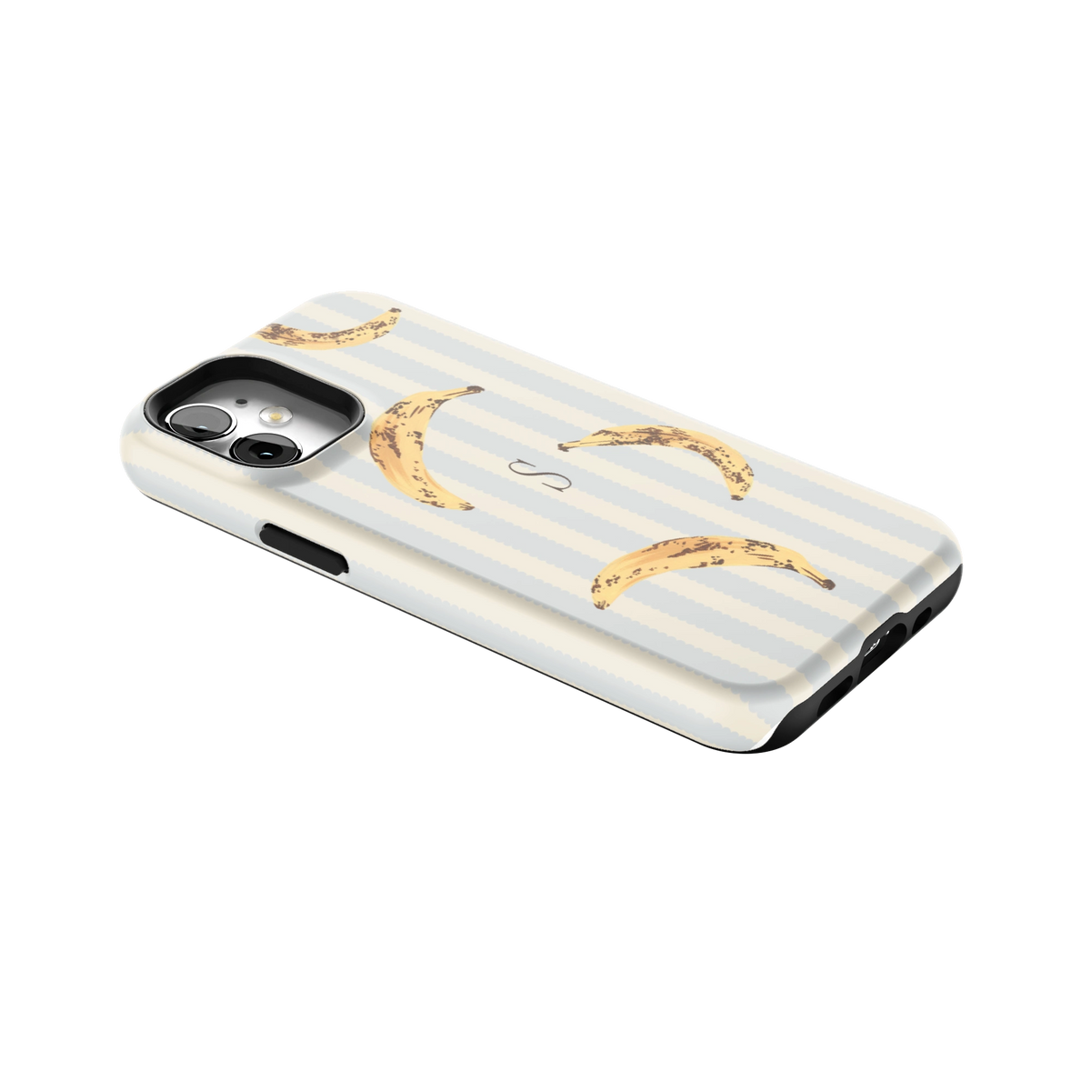 Striped Bananas Personalized iPhone 12 mini case lying at an angle, showing the side buttons and print wrapping the edges