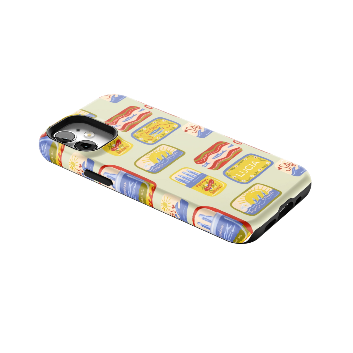 Sardines Personalized iPhone 12 mini case lying at an angle, showing the side buttons and print wrapping the edges