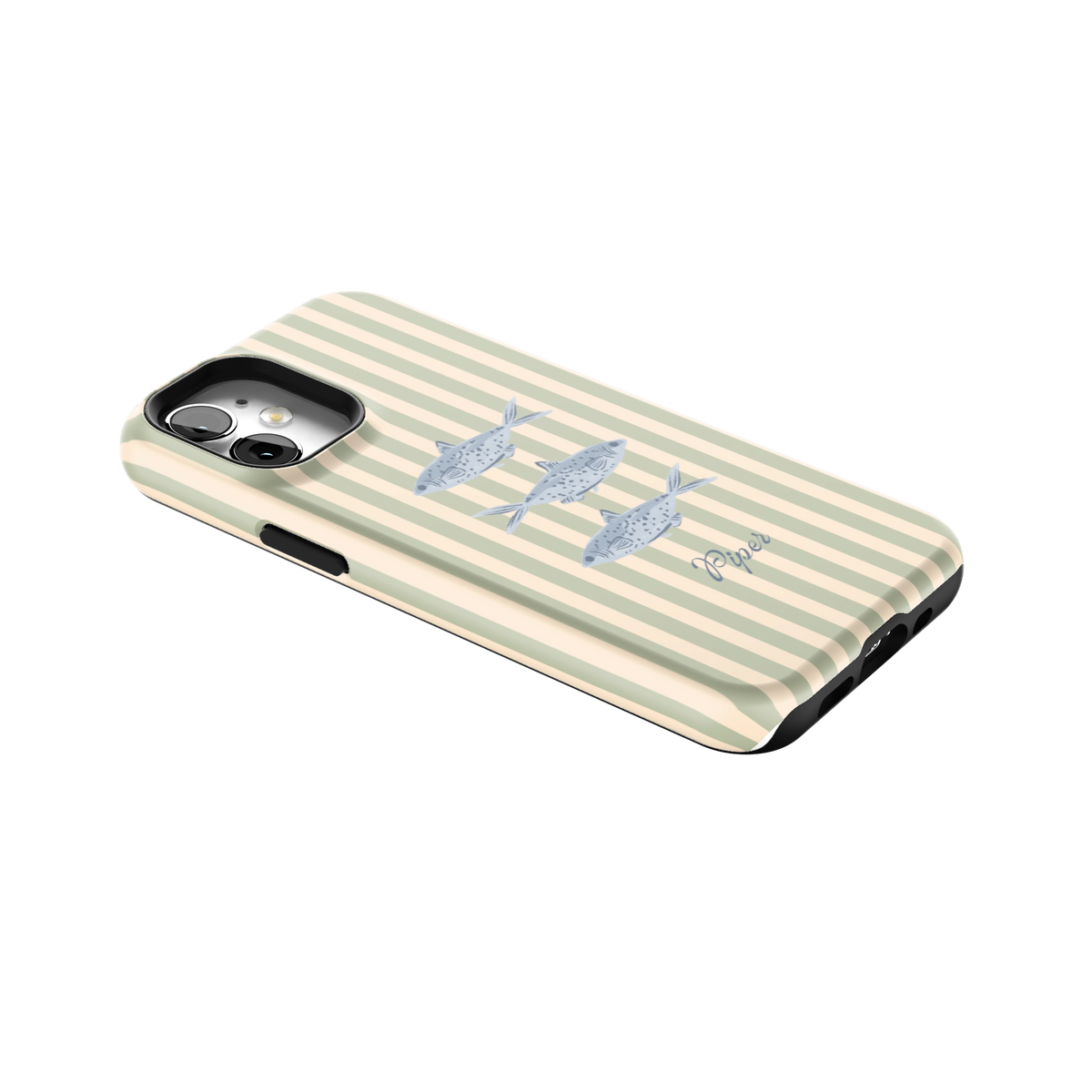Sea Stripes Personalized iPhone 12 mini case lying at an angle, showing the side buttons and print wrapping the edges