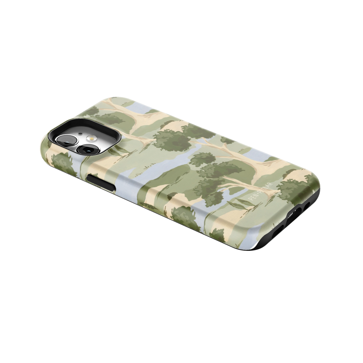 Orchard iPhone 12 mini case lying at an angle, showing the side buttons and print wrapping the edges