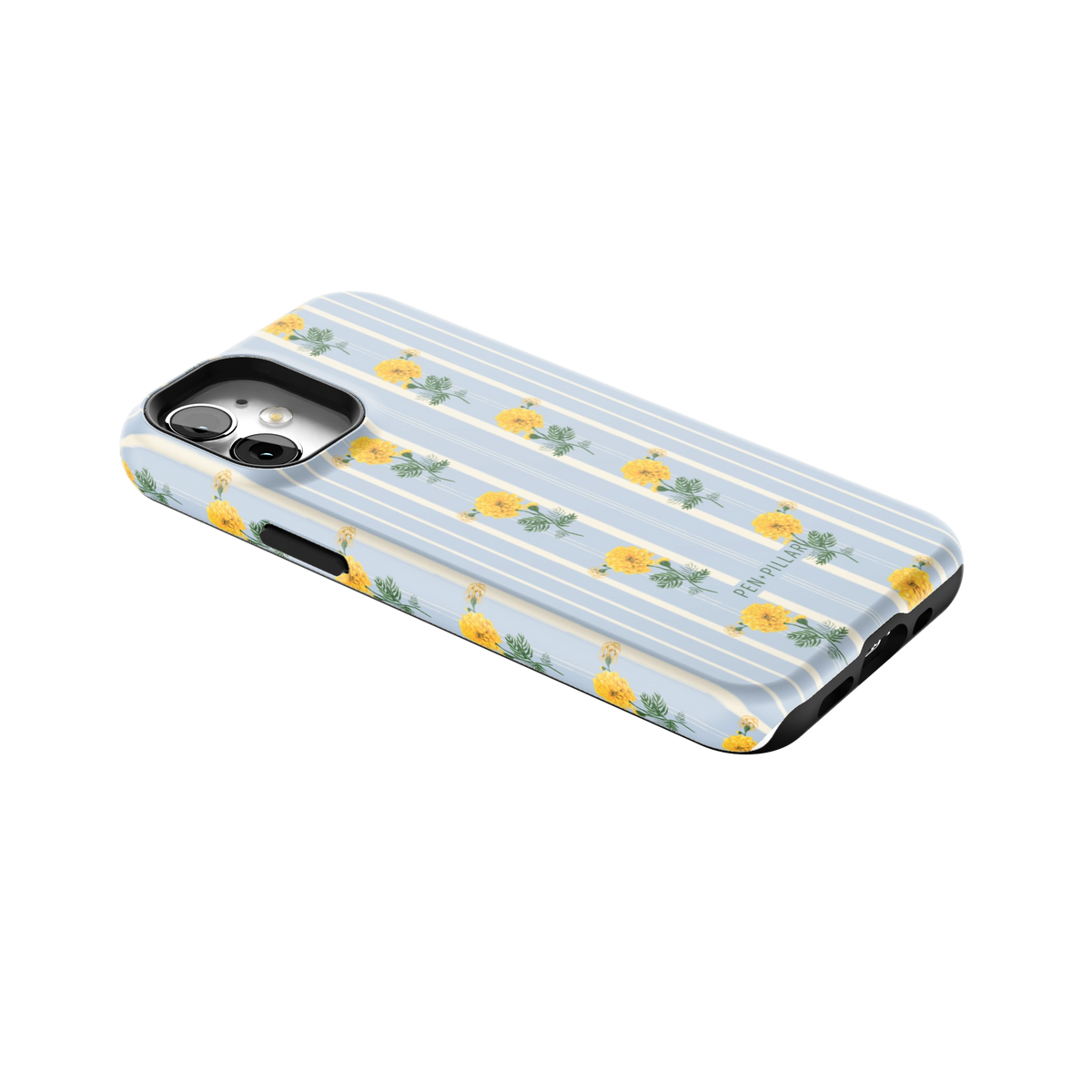 October Birth Month iPhone 12 mini case lying at an angle, showing the side buttons and print wrapping the edges
