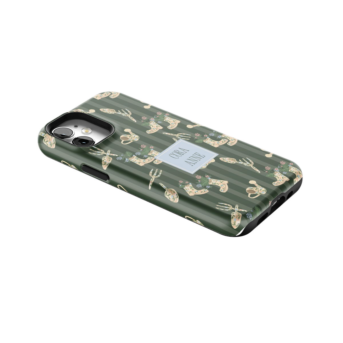 In the Garden Personalized iPhone 12 mini case lying at an angle, showing the side buttons and print wrapping the edges