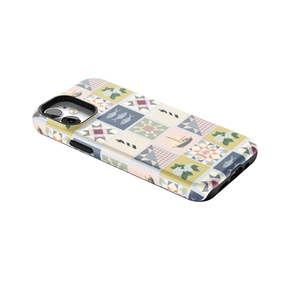 Coastal Quilt iPhone 12 mini case lying at an angle, showing the side buttons and print wrapping the edges