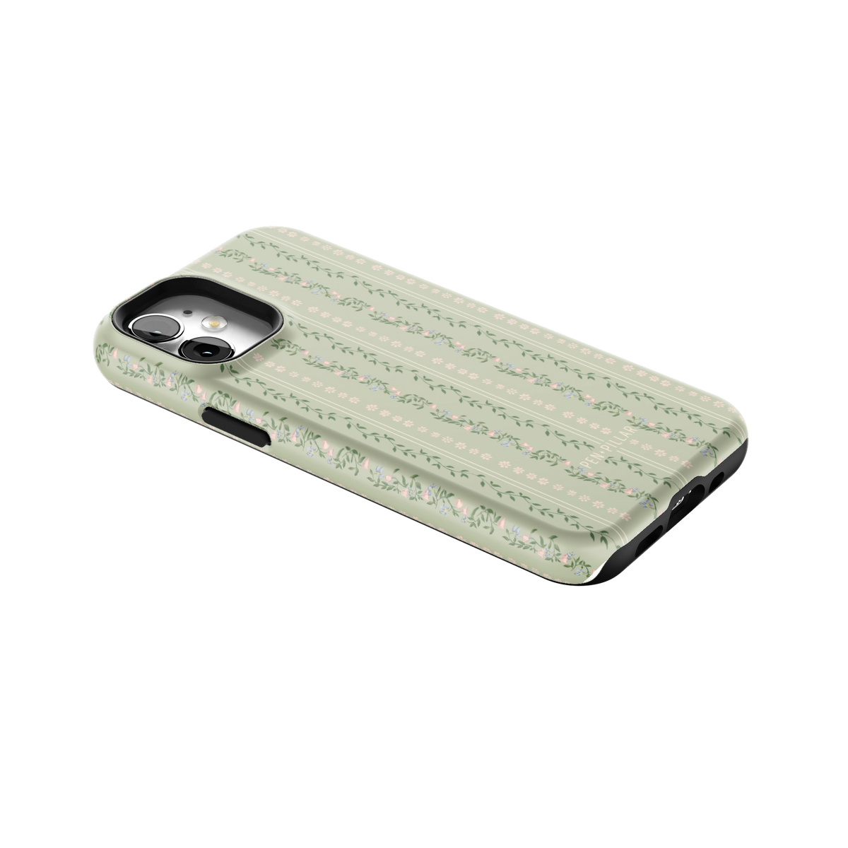 Camellia iPhone 12 mini case lying at an angle, showing the side buttons and print wrapping the edges