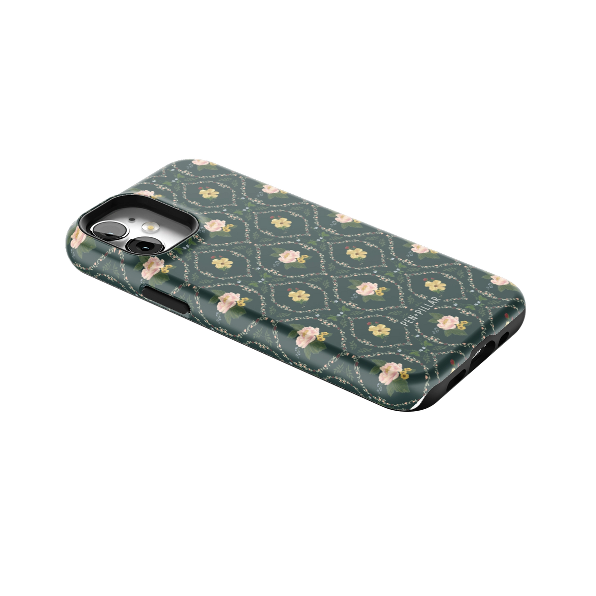 Meadow iPhone 12 mini case lying at an angle, showing the side buttons and print wrapping the edges