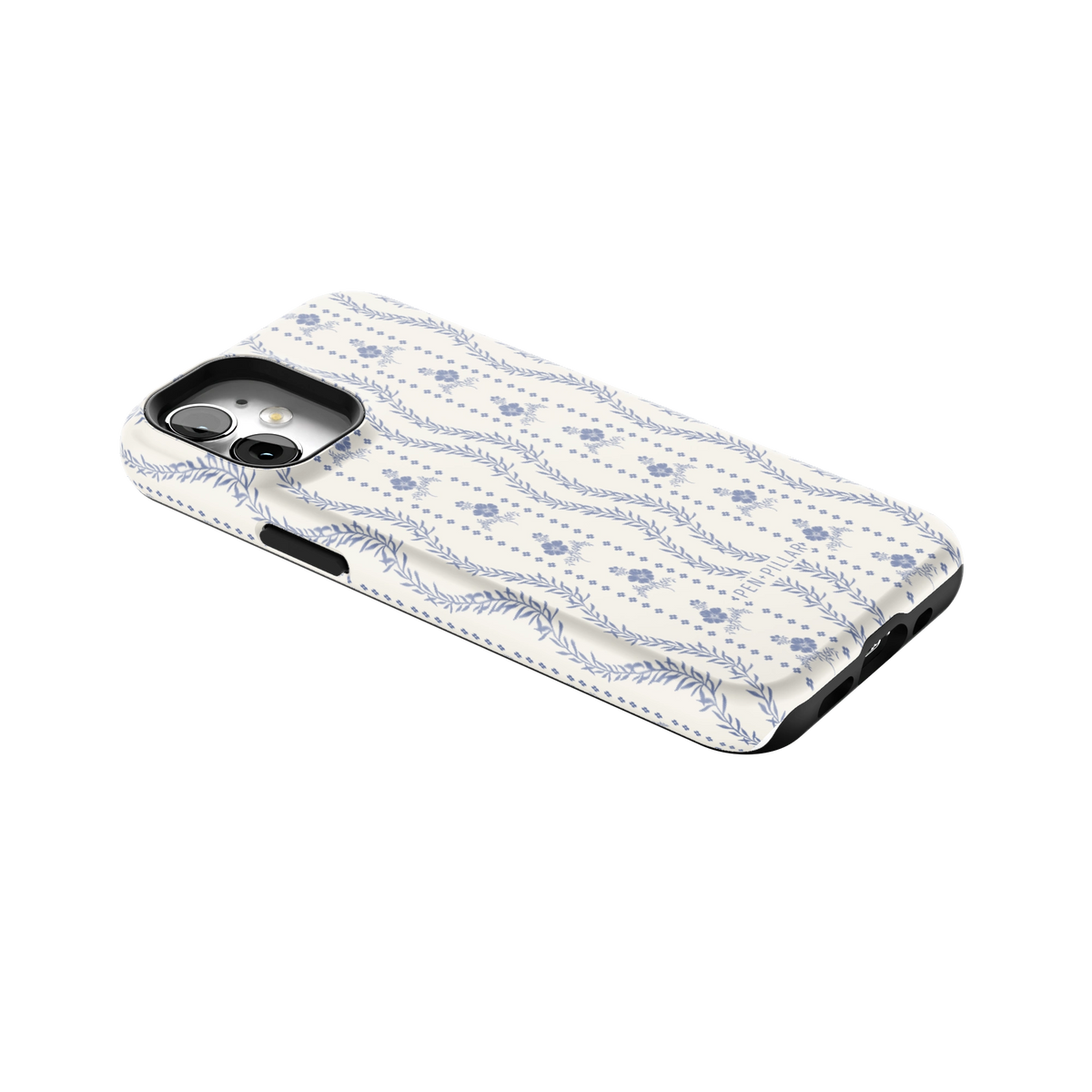 Riviera iPhone 12 mini case lying at an angle, showing the side buttons and print wrapping the edges