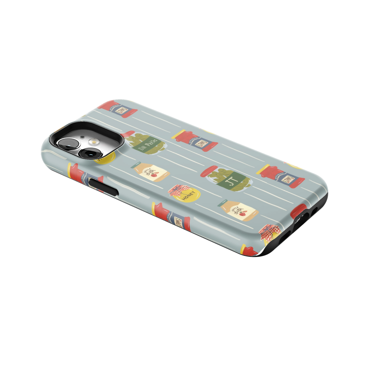 Preserves Personalized iPhone 12 mini case lying at an angle, showing the side buttons and print wrapping the edges