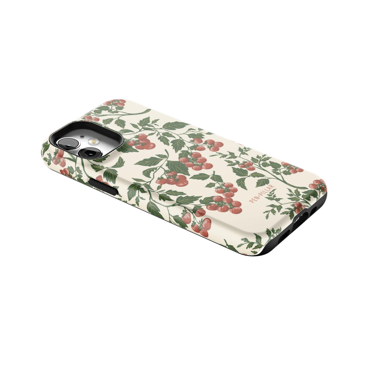 Tomato Vines iPhone 12 mini case lying at an angle, showing the side buttons and print wrapping the edges