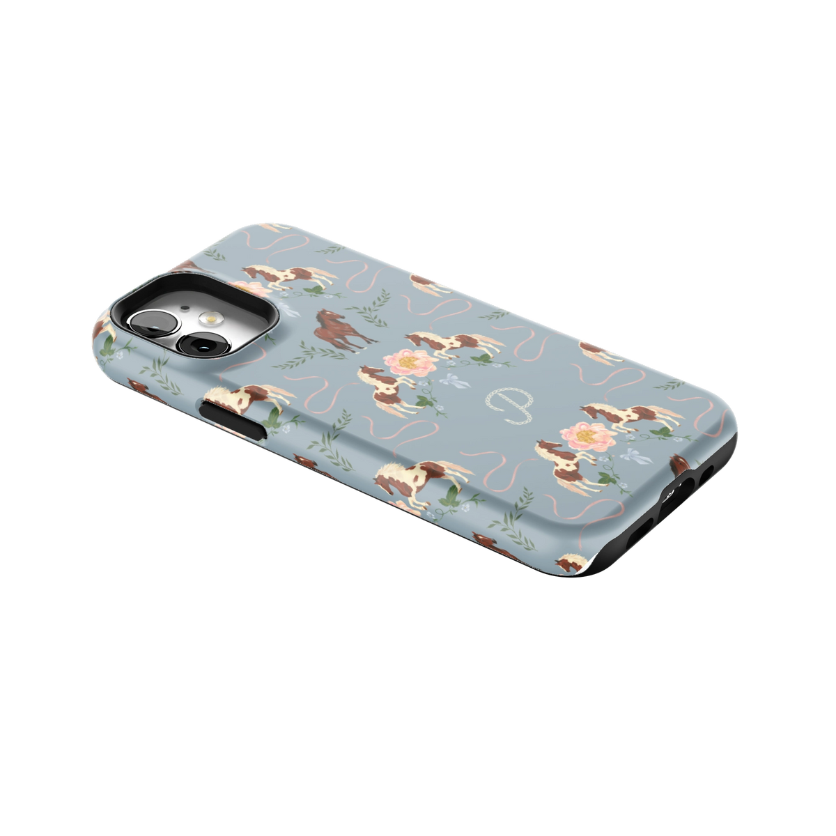 Prairie Personalized iPhone 12 mini case lying at an angle, showing the side buttons and print wrapping the edges