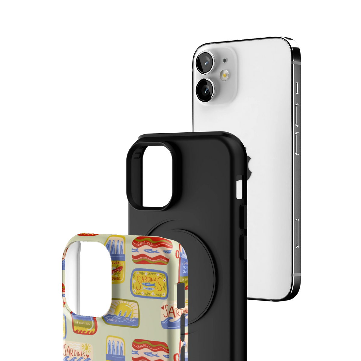 Exploded view of the Sardines iPhone 12 mini case: printed shell, black inner layer with MagSafe ring, and phone