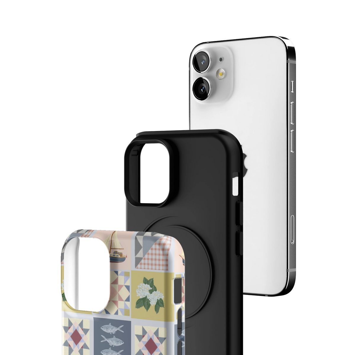 Exploded view of the Coastal Quilt iPhone 12 mini case: printed shell, black inner layer with MagSafe ring, and phone