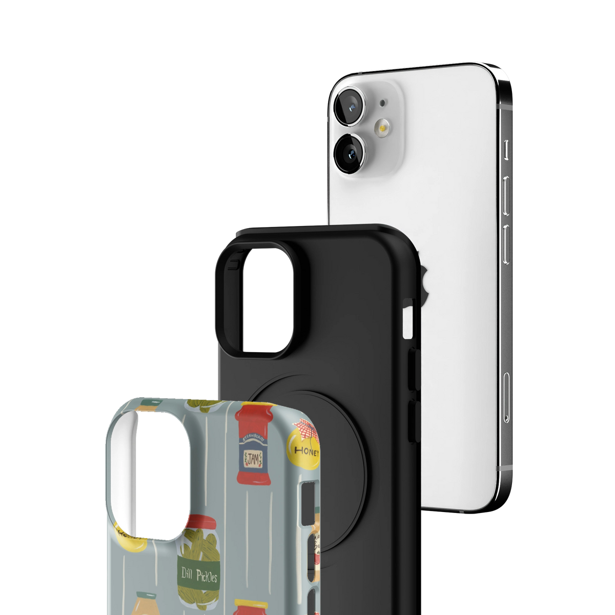 Exploded view of the Preserves Personalized iPhone 12 mini case: printed shell, black inner layer with MagSafe ring, and phone