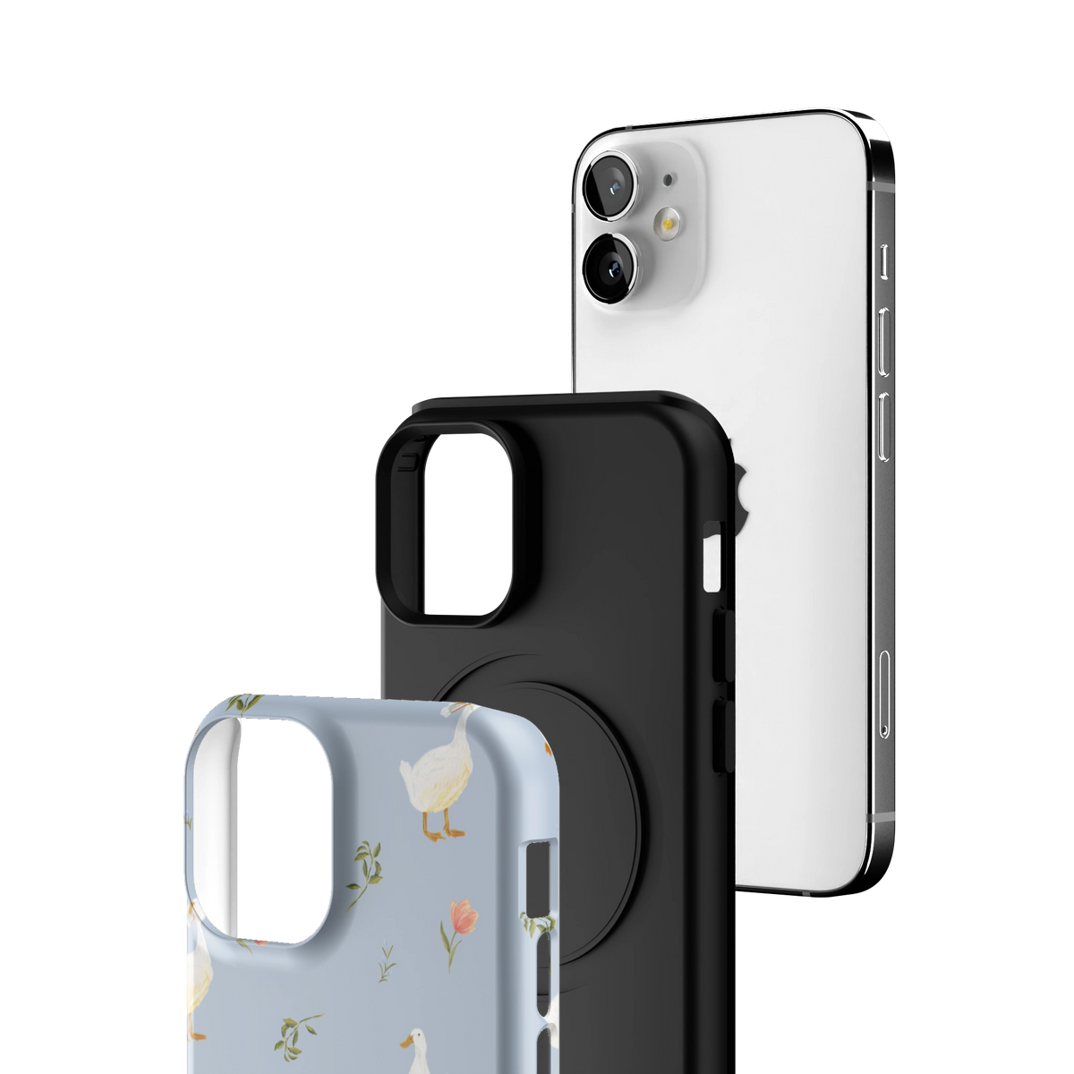 Exploded view of the Ducks iPhone 12 mini case: printed shell, black inner layer with MagSafe ring, and phone