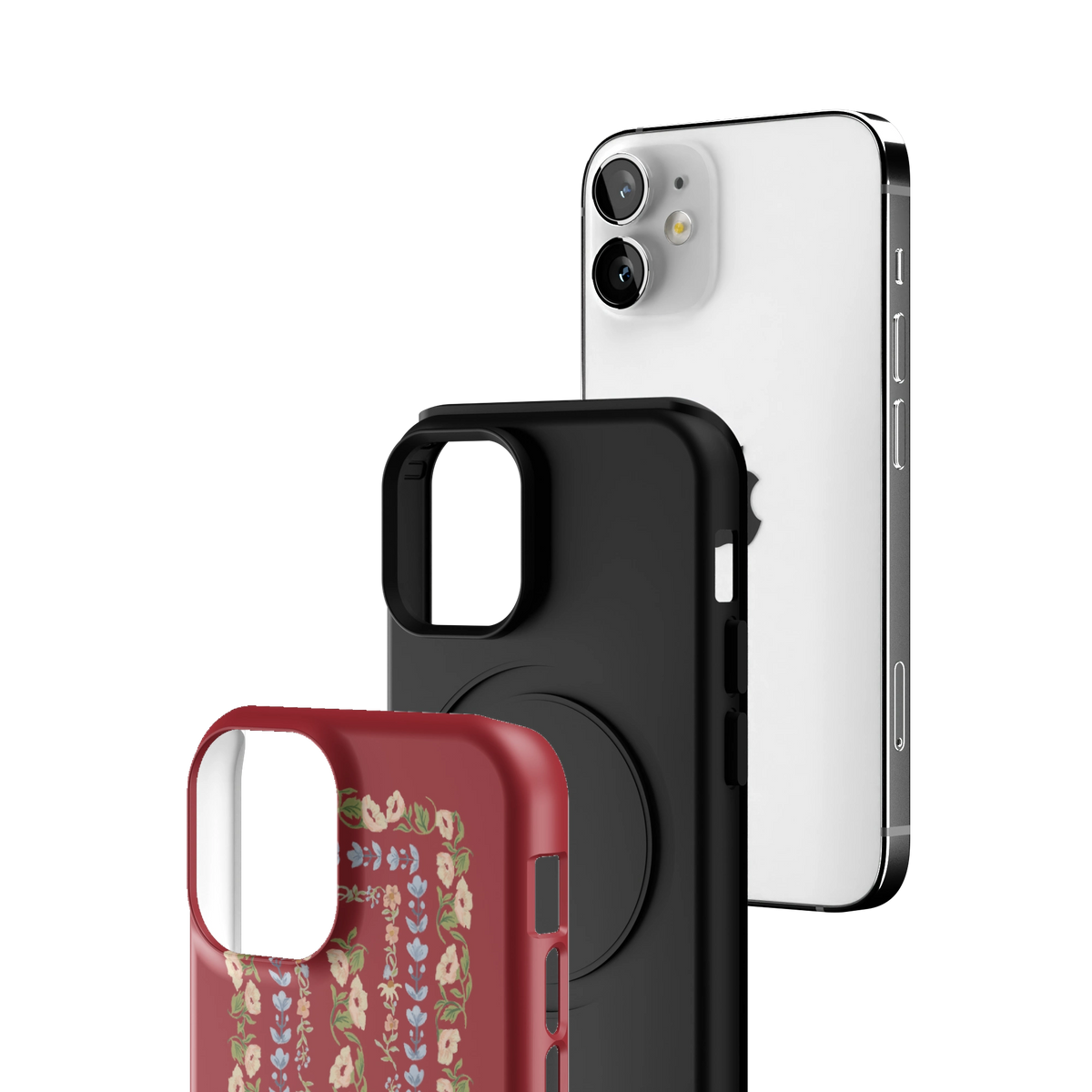 Exploded view of the Fiona iPhone 12 mini case: printed shell, black inner layer with MagSafe ring, and phone