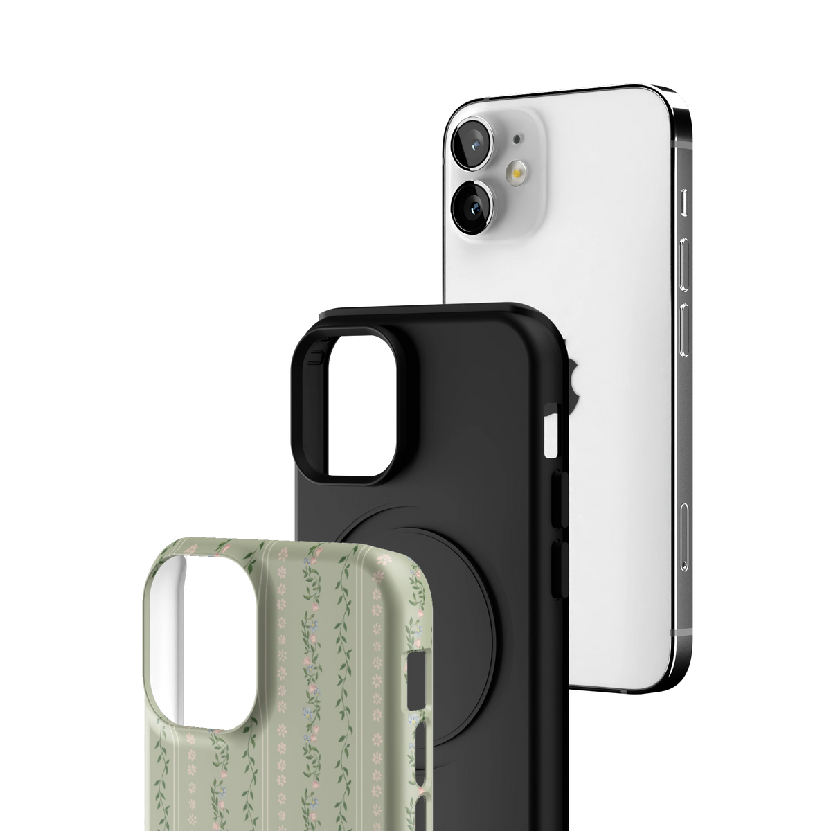 Exploded view of the Camellia iPhone 12 mini case: printed shell, black inner layer with MagSafe ring, and phone