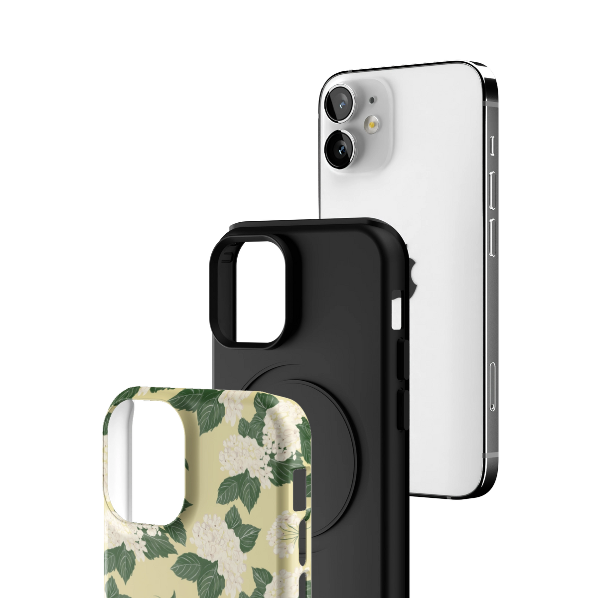 Exploded view of the Hydrangea iPhone 12 mini case: printed shell, black inner layer with MagSafe ring, and phone