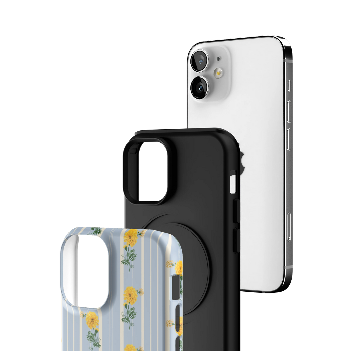 Exploded view of the October Birth Month iPhone 12 mini case: printed shell, black inner layer with MagSafe ring, and phone