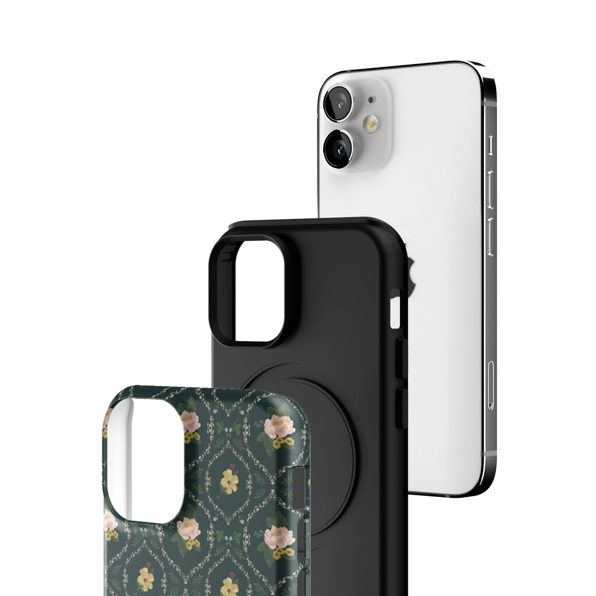 Exploded view of the Meadow iPhone 12 mini case: printed shell, black inner layer with MagSafe ring, and phone