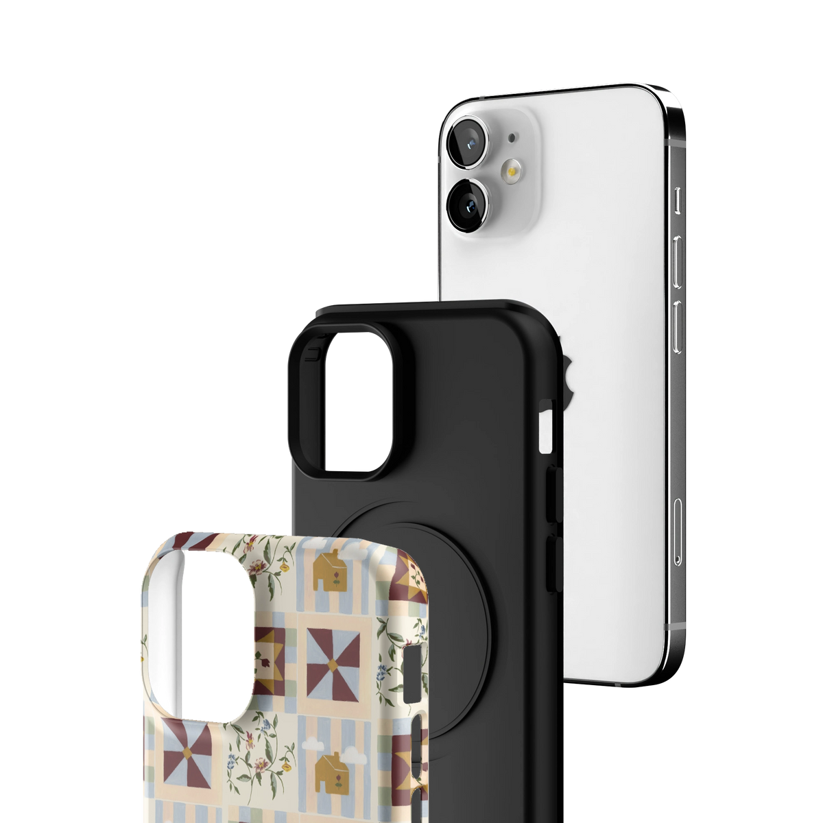 Exploded view of the Pinwheel Personalized iPhone 12 mini case: printed shell, black inner layer with MagSafe ring, and phone
