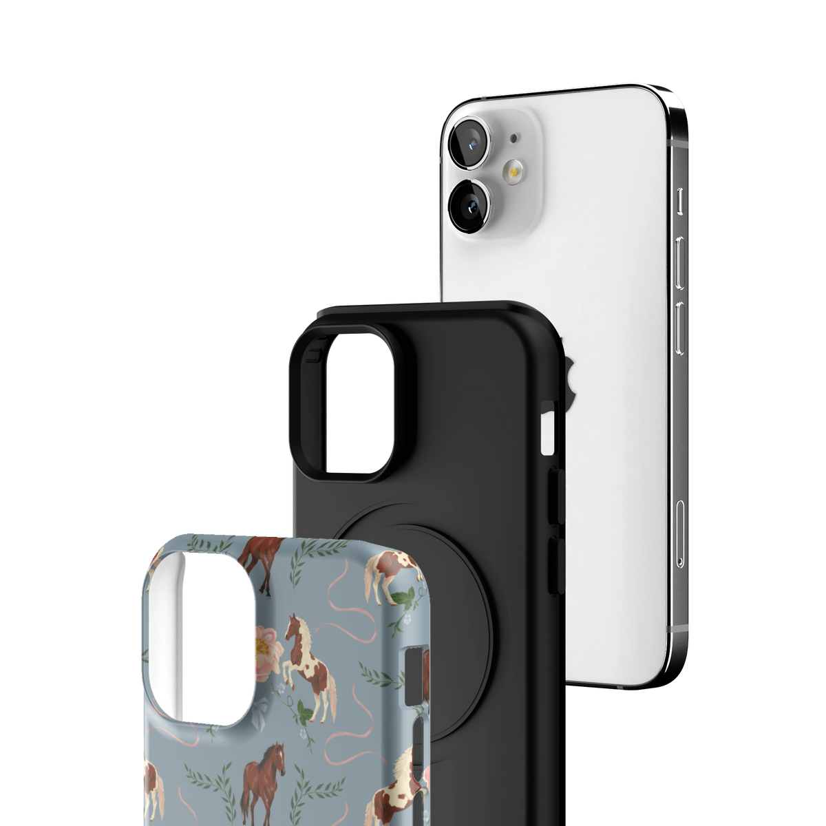 Exploded view of the Prairie Personalized iPhone 12 mini case: printed shell, black inner layer with MagSafe ring, and phone